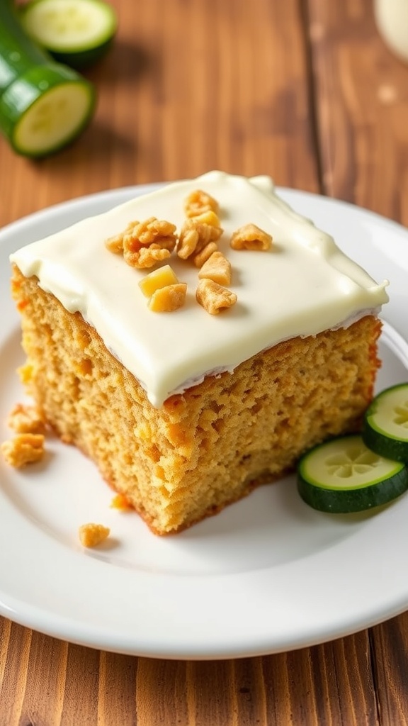 A slice of zucchini cake with cream cheese frosting and walnuts on a rustic table.